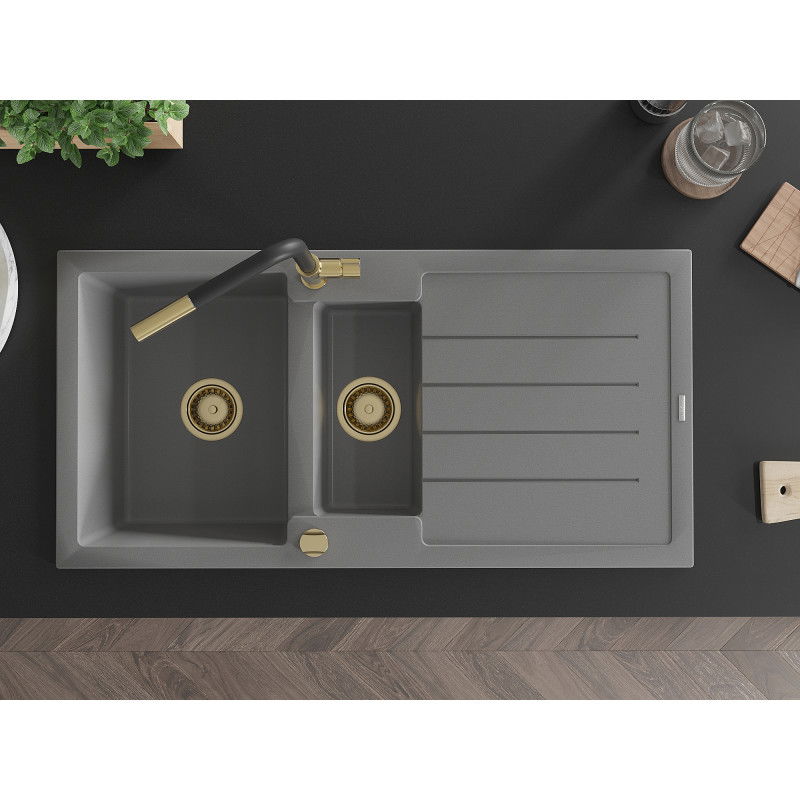Mexen Andres žulový drez 1,5-komorový s odkvapkávacou plochou a kuchynskou batériou Flora, sivý - 6515-71-670401-57-G