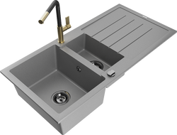 Mexen Andres žulový drez 1,5-komorový s odkvapkávačom a kuchynskou batériou Flora, sivý - 6515-71-670401-57-B