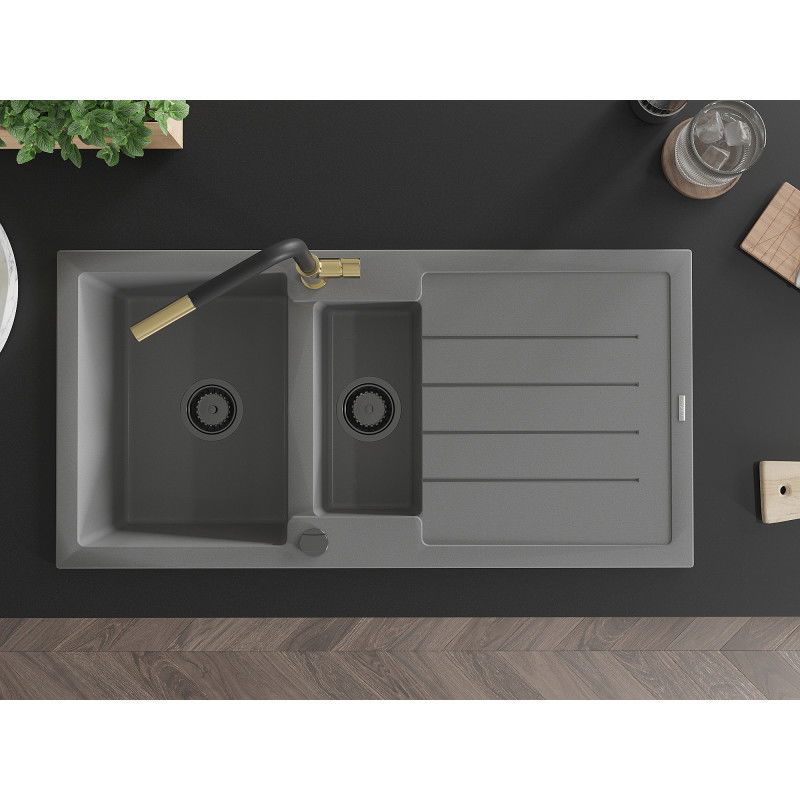 Mexen Andres žulový drez 1,5-komorový s odkvapkávačom a kuchynskou batériou Flora, sivý - 6515-71-670401-57-B