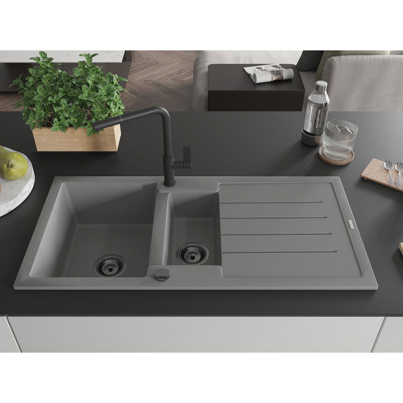Mexen Andres granitový drez s 1,5 komorou, s odkvapkávačom a kuchynskou batériou Flora, sivý - 6515-71-670401-70-B