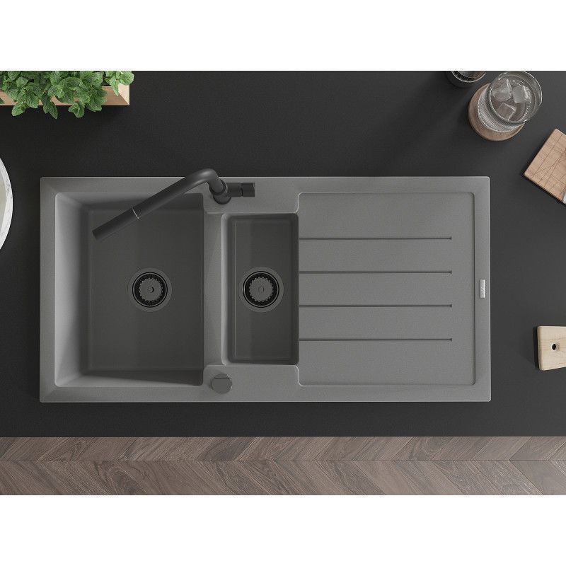 Mexen Andres granitový drez s 1,5 komorou, s odkvapkávačom a kuchynskou batériou Flora, sivý - 6515-71-670401-70-B