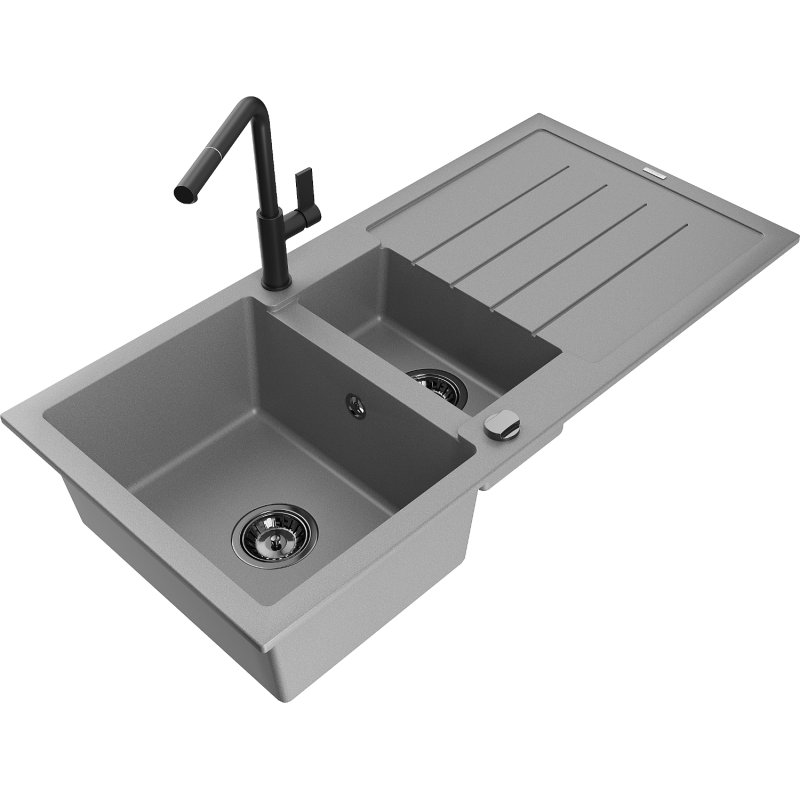 Mexen Andres granitový drez s 1,5 komorou, s odkvapkávačom a kuchynskou batériou Flora, sivý - 6515-71-670401-70-B