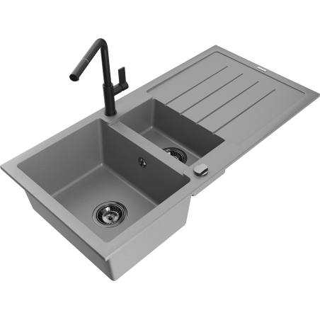 Mexen Andres granitový drez s 1,5 komorou, s odkvapkávačom a kuchynskou batériou Flora, sivý - 6515-71-670401-70-B
