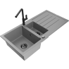 Mexen Andres granitový drez s 1,5 komorou, s odkvapkávačom a kuchynskou batériou Flora, sivý - 6515-71-670401-70-B