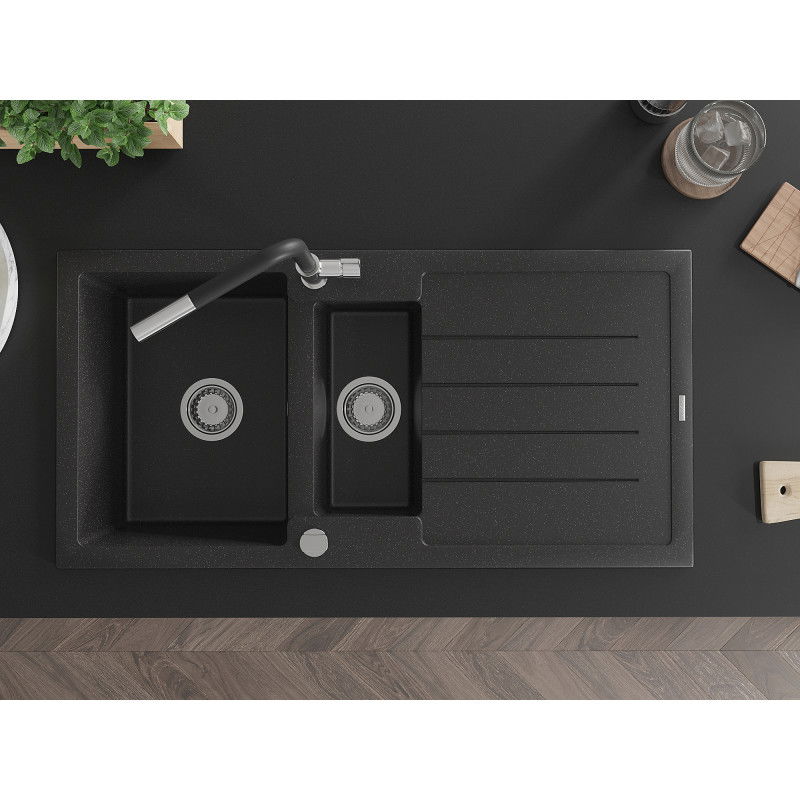 Mexen Andres granitový drez 1,5-komorový s odkvapkávačom a kuchynskou batériou Flora, čierny/strieborný - 6515-73-670401-07