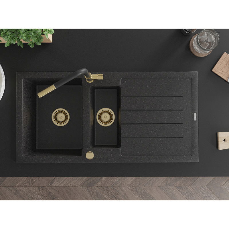 Mexen Andres granitový drez s 1,5 komorou, odkvapkávačom a kuchynskou batériou Flora, čierny/strieborný