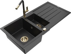 Mexen Andres granitový drez s 1,5 komorou, odkvapkávačom a kuchynskou batériou Flora, čierny/strieborný