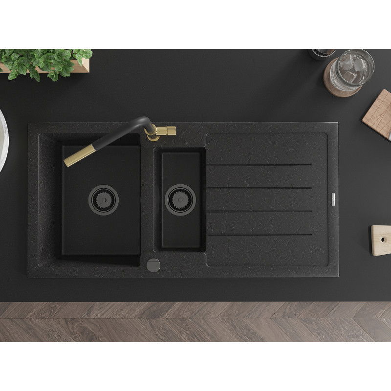 Mexen Andres žulový drez 1,5-komorový s odkvapkávačom a kuchynskou batériou Flora, čierny/strieborný - 6515-73-670401-57-B