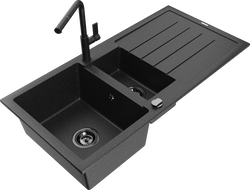 Mexen Andres granitový kuchynský drez 1,5-komorový s odkvapkávačom a kuchynskou batériou Flora, čierno/strieborný