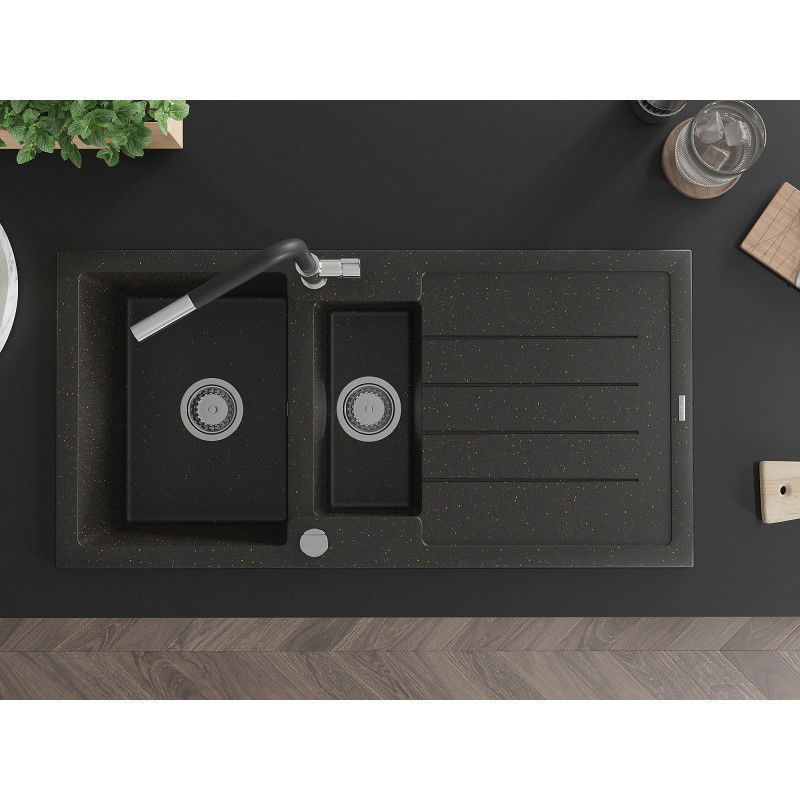 Mexen Andres granitový drez s 1,5 komorou, s odkvapkávačom a kuchynskou batériou Flora, čierny/zlatý metalík