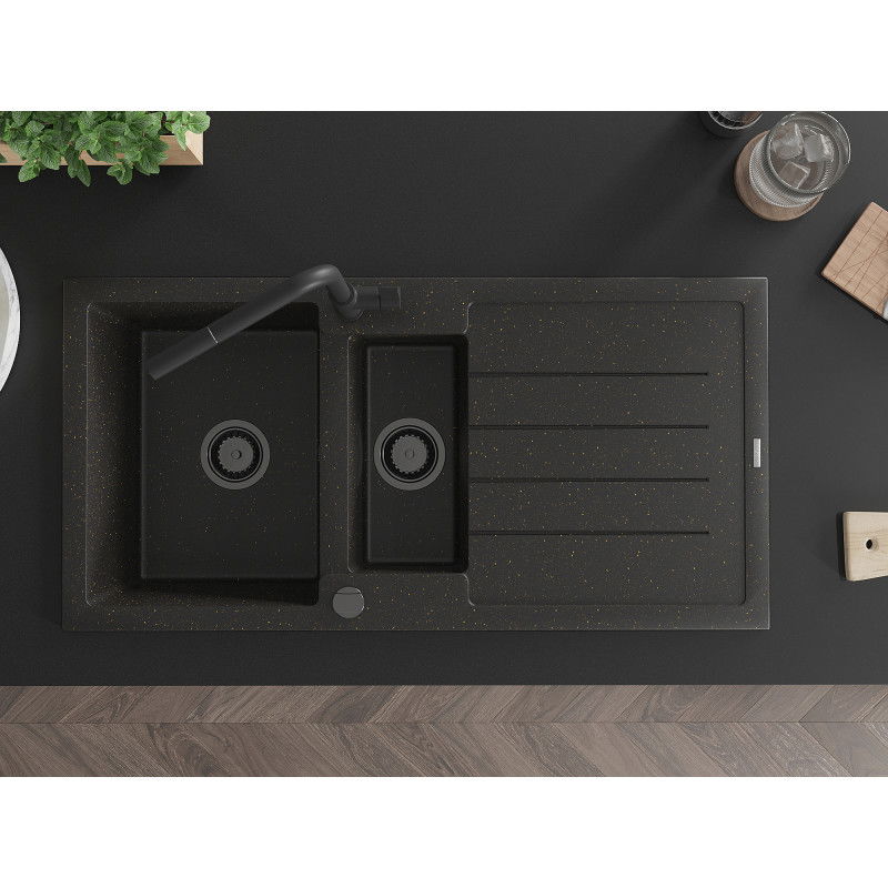 Mexen Andres granitový drez 1,5-komorový s odkvapkávačom a kuchynskou batériou Flora, čierny/zlatý - 6515-75-670401-70-B