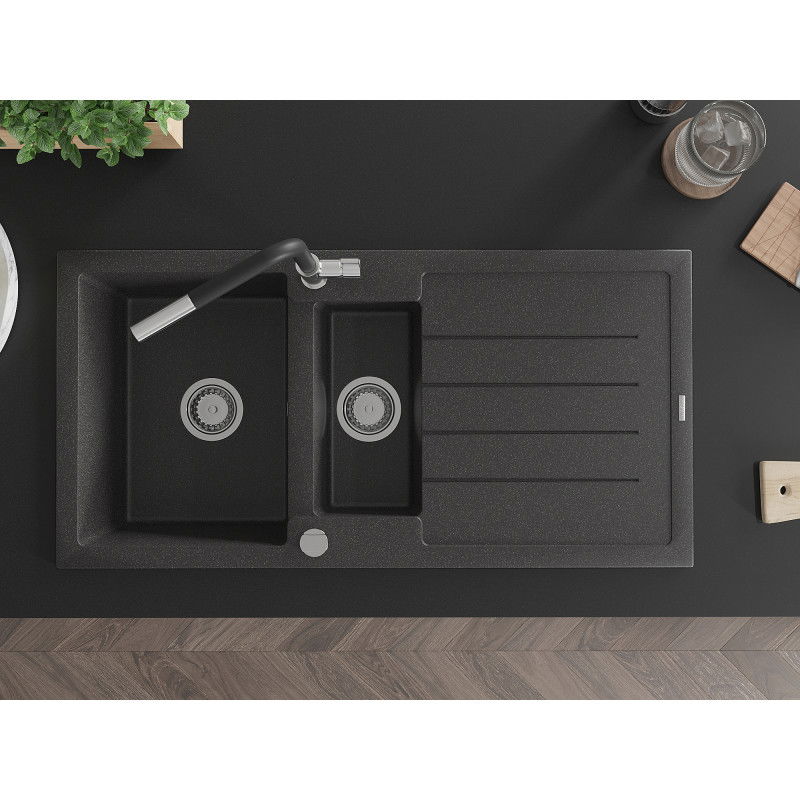 Mexen Andres žulový kuchynský drez 1,5-komorový s odkvapávačom a kuchynskou batériou Flora, čierny škvrnitý - 6515-76-670401-07