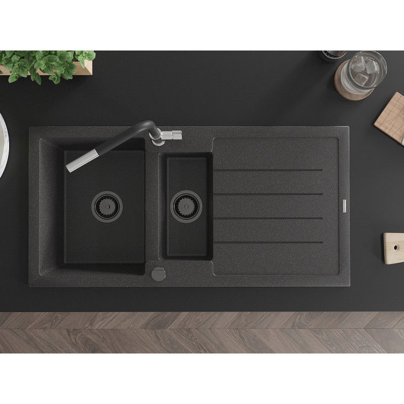 Mexen Andres granitový drez 1,5-komorový s odkvapkávačom a kuchynskou batériou Flora, čierny škvrnitý - 6515-76-670401-07-B