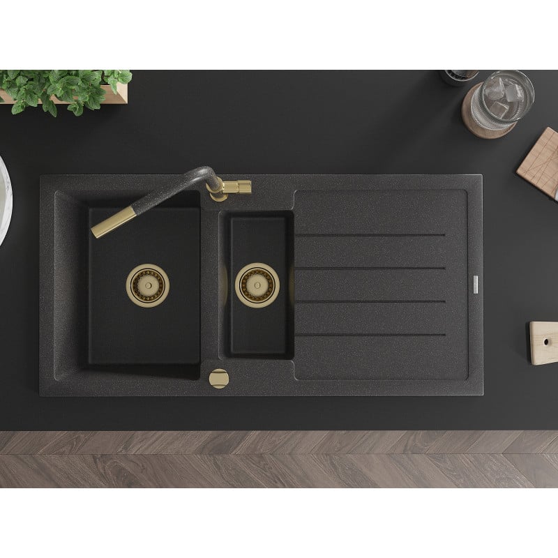 Mexen Andres Granitový kuchynský drez s 1,5 komorou s odkvapkávačom a kuchynskou batériou Flora, čierno škvrnitý