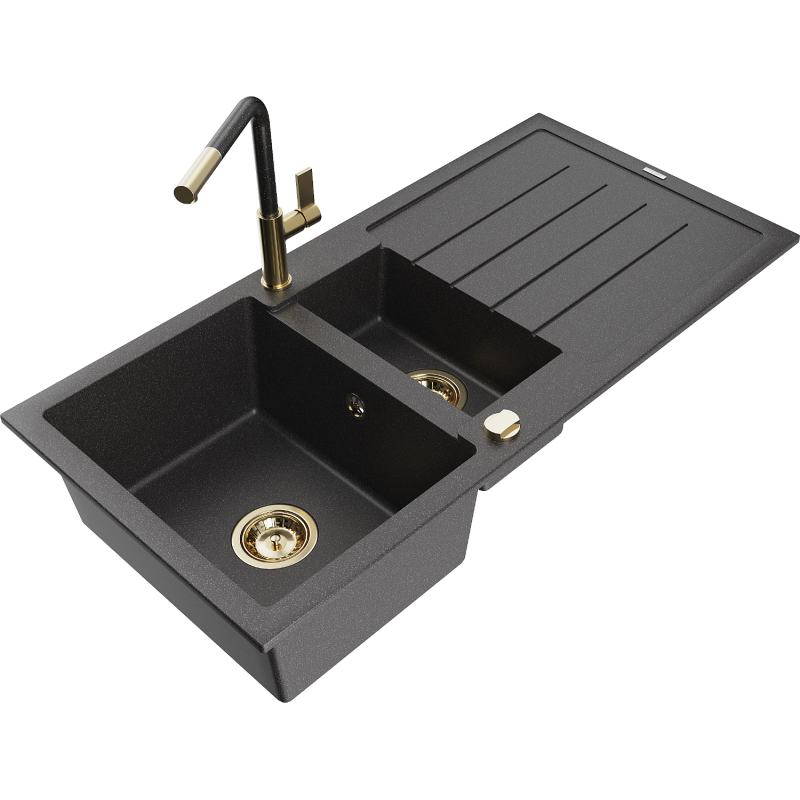 Mexen Andres Granitový kuchynský drez s 1,5 komorou s odkvapkávačom a kuchynskou batériou Flora, čierno škvrnitý
