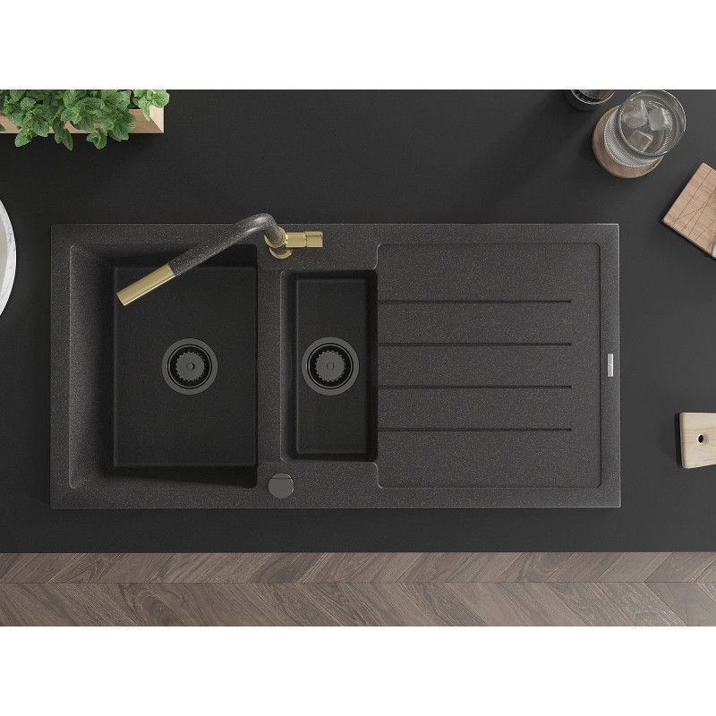 Mexen Andres granitový drez s 1,5 komorou s odkvapkávačom a kuchynskou batériou Flora, čierny s bodkami - 6515-76-670401-75-B
