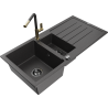 Mexen Andres granitový drez s 1,5 komorou s odkvapkávačom a kuchynskou batériou Flora, čierny s bodkami - 6515-76-670401-75-B
