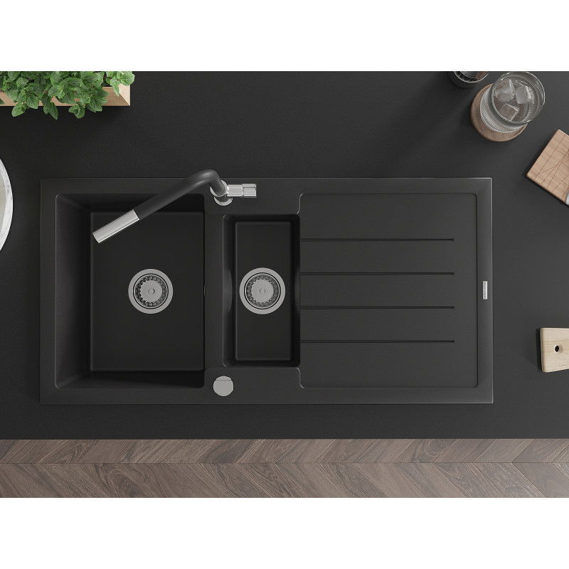Mexen Andres žulový drez 1,5-komorový s odkvapkávačom a kuchynskou batériou Flora, čierny - 6515-77-670401-07