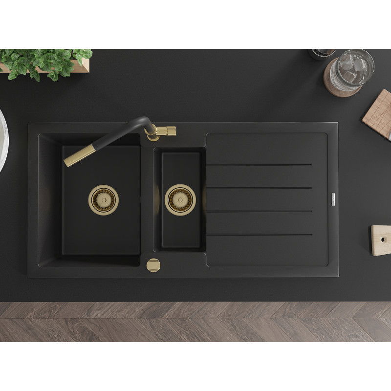 Mexen Andres granitový kuchynský drez 1,5-komorový s odkvapkávačom a kuchynskou batériou Flora, čierny - 6515-77-670401-57-G