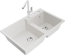 Mexen Tomas žulový drez 2-komorový s kuchynskou batériou Flora, biely - 6516-20-670401-02