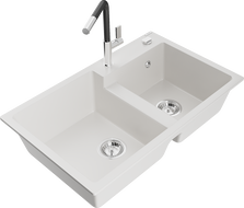 Mexen Tomas žulový drez s 2 komorami a kuchynskou batériou Flora, biela - 6516-20-670401-07