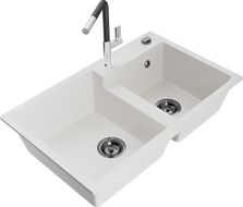 Mexen Tomas granitový drez 2-komorový s kuchynskou batériou Flora, biely - 6516-20-670401-07-B