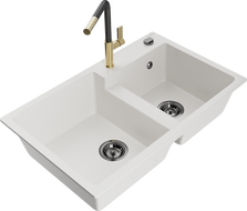 Mexen Tomas žulový drez 2-komorový s kuchynskou batériou Flora, biela - 6516-20-670401-57-B