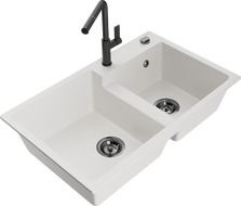 Mexen Tomas žulový dvojkomorový drez s kuchynskou batériou Flora, biely - 6516-20-670401-70-B