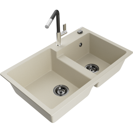 Mexen Tomas granitový dvojkomorový kuchynský drez s kuchynskou batériou Flora, béžový - 6516-69-670401-07-B