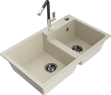 Mexen Tomas dvojkomorový granitový drez s kuchynskou batériou Flora, béžový - 6516-69-670401-07-B