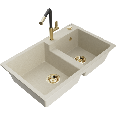 Mexen Tomas žulový drez s 2-komorovým odtokom a kuchynskou batériou Flora, béžový - 6516-69-670401-57-G