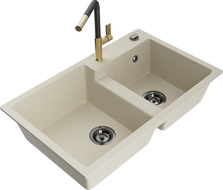 Mexen Tomas granitový drez 2-komorový s kuchynskou batériou Flora, béžový - 6516-69-670401-57-B