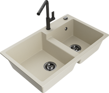 Mexen Tomas žulový dvojkomorový drez s kuchynskou batériou Flora, béžový - 6516-69-670401-70-B