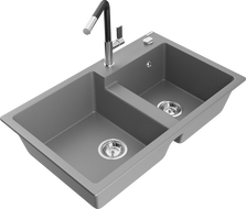 Mexen Tomas dvojkomorový granitový drez s kuchynskou batériou Flora, sivý - 6516-71-670401-07