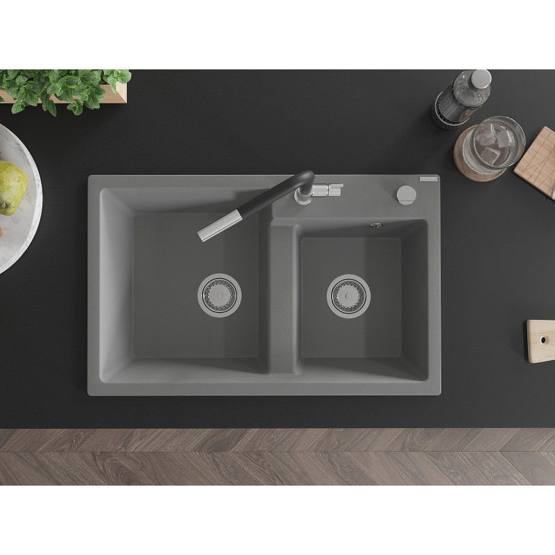 Mexen Tomas dvojkomorový granitový drez s kuchynskou batériou Flora, sivý - 6516-71-670401-07