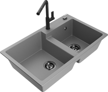 Mexen Tomas žulový drez s dvomi komorami a kuchynská batéria Flora, sivá - 6516-71-670401-70-B