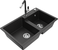 Mexen Tomas žulový drez 2-komorový s kuchynskou batériou Flora, čierny/strieborný metalík - 6516-73-670401-07