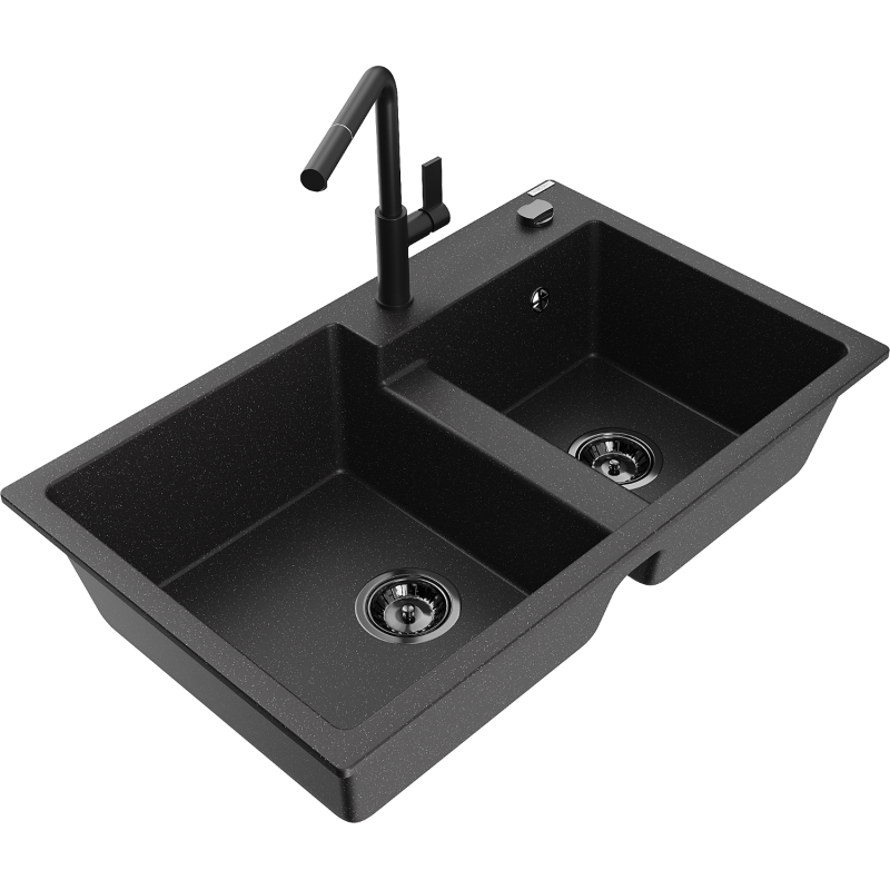 Mexen Tomas žulový kuchynský drez 2-komorový s kuchynskou batériou Flora, čierny/strieborný metalický - 6516-73-670401-70-B