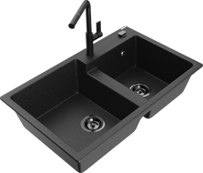 Mexen Tomas žulový kuchynský drez 2-komorový s kuchynskou batériou Flora, čierny/strieborný metalický - 6516-73-670401-70-B