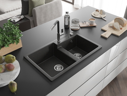 Mexen Tomas granitový drez 2-komorový s kuchynskou batériou Flora, čierny/zlatý metalík - 6516-75-670401-07