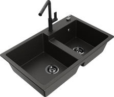 Mexen Tomas dvojkomorový žulový drez s kuchynskou batériou Flora, čierny/zlatý metalík - 6516-75-670401-70-B