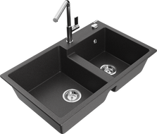 Mexen Tomas žulový drez 2-komorový s kuchynskou batériou Flora, čierny bodkovaný - 6516-76-670401-00