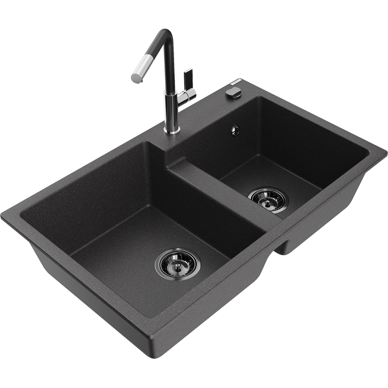 Mexen Tomas granitový drez 2-komorový s kuchynskou batériou Flora, čierny škvrnitý - 6516-76-670401-07-B