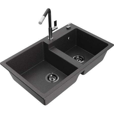 Mexen Tomas granitový drez 2-komorový s kuchynskou batériou Flora, čierny škvrnitý - 6516-76-670401-07-B