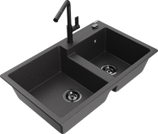 Mexen Tomas žulový kuchynský drez 2-komorový s kuchynskou batériou Flora, čierny škvrnitý - 6516-76-670401-70-B