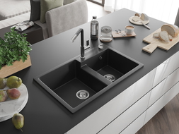 Mexen Tomas žulový drez 2-komorový s kuchynskou batériou Flora, čierny - 6516-77-670401-07