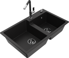 Mexen Tomas žulový drez, 2-komorový s kuchynskou batériou Flora, čierna - 6516-77-670401-07-B