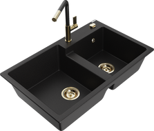 Mexen Tomas žulový drez 2-komorový s kuchynskou batériou Flora, čierny - 6516-77-670401-57-G