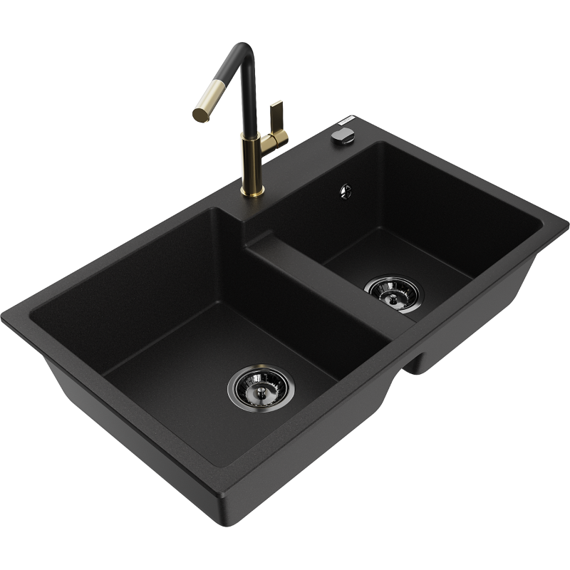 Mexen Tomas dvojkomorový kuchynský drez s kuchynskou batériou Flora, čierny - 6516-77-670401-57-B