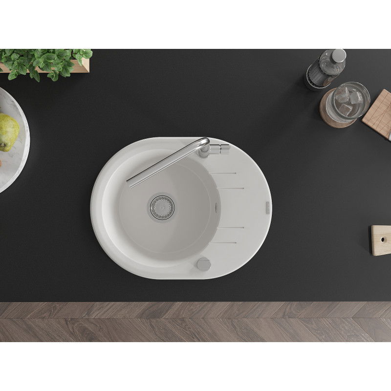 Mexen Kevin granitový drez 1-komorový s odkvapkávacou plochou a kuchynskou batériou Flora, biely - 6517-20-670401-00